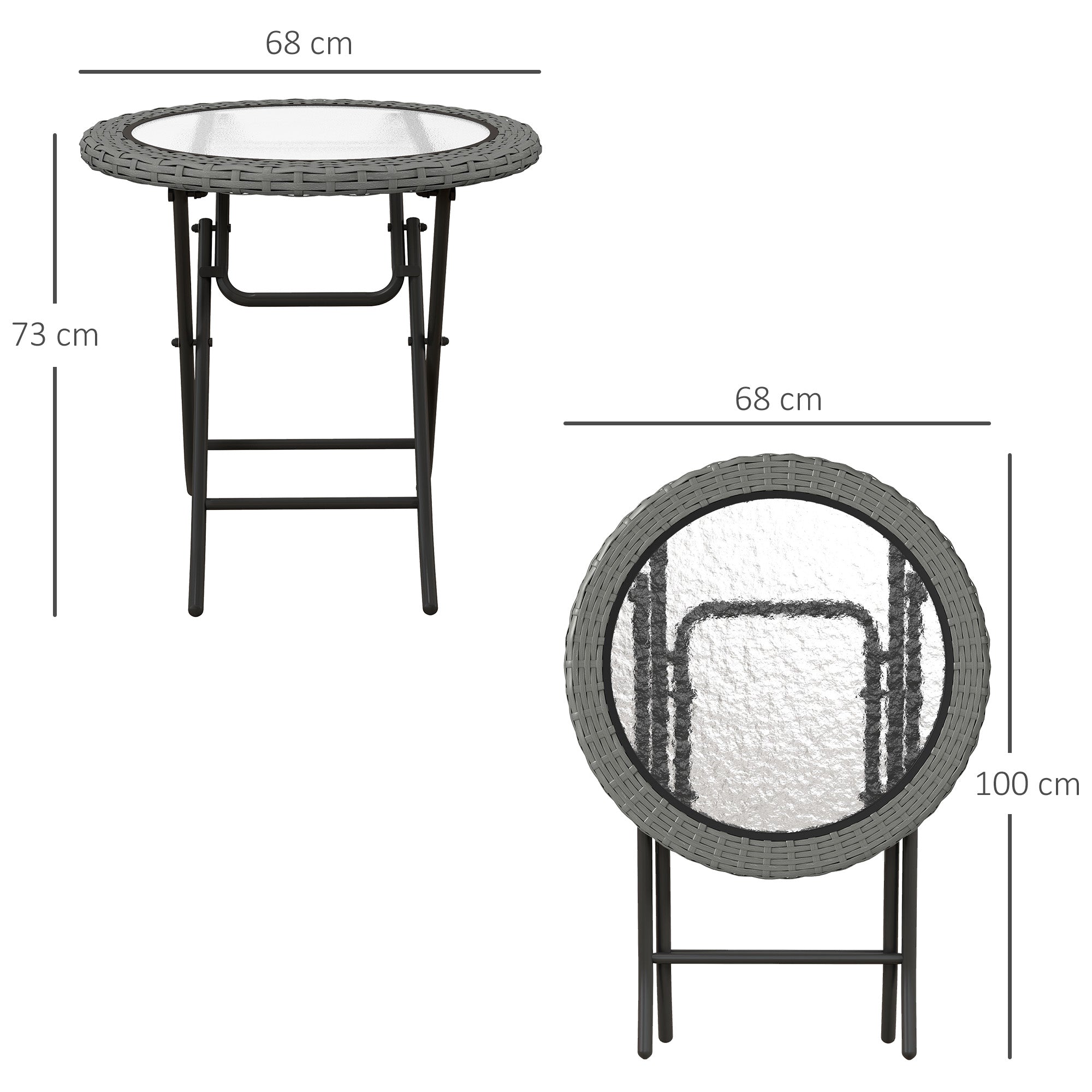 Outsunny Folding Rattan Garden Dining Table, 68 cm Round Rattan Garden Table with Water Ripple Tempered Glass Top, Wicker Edging and Steel Frame for Outdoor, Patio, Grey