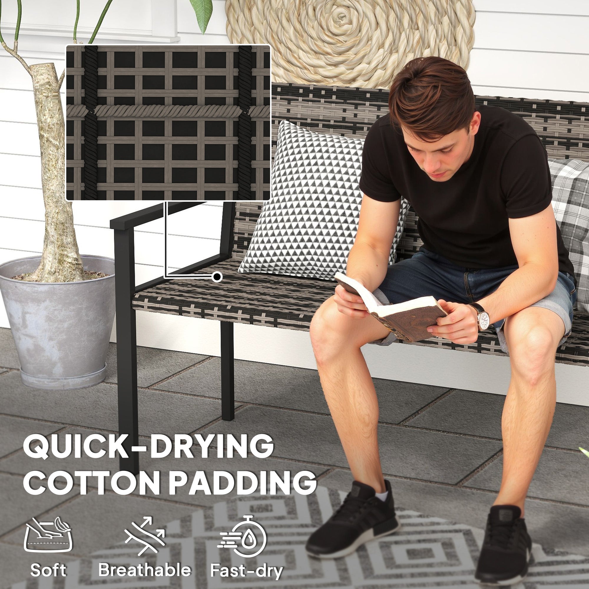 Outsunny Two-Seater Rattan Bench - Mixed Grey