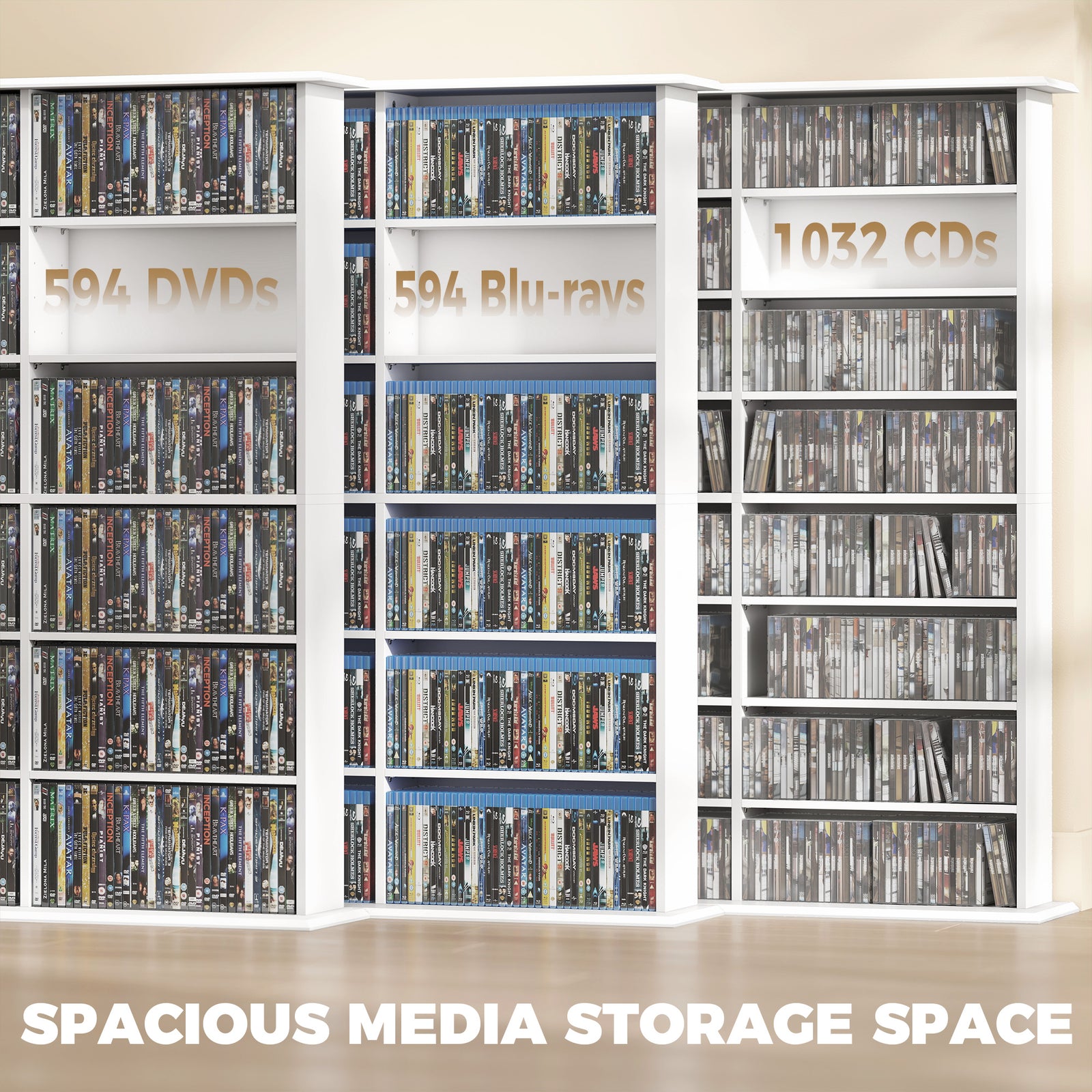 HOMCOM 1032 CD/594 DVD Storage Unit, Blu-ray Media Storage Shelf with 24 Compartments and 18 Adjustable Shelves, White