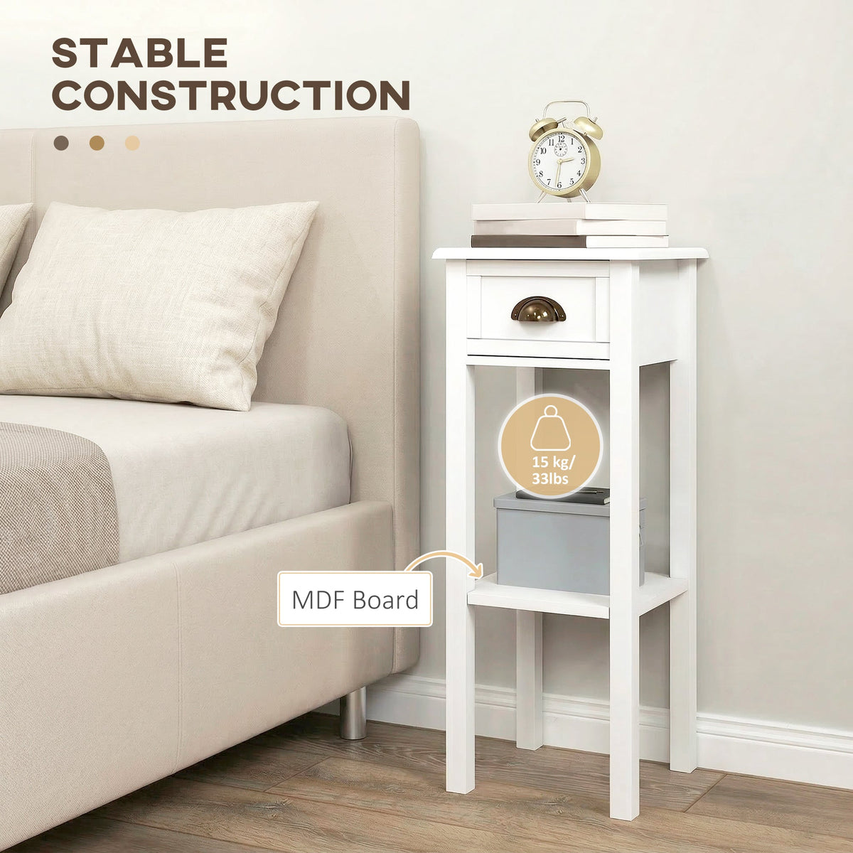 HOMCOM 2-Tier Side Tables Set of 2 with Drawer and Shelf, 2 Pieces Bedside Tables for Living Room and Hallway, White