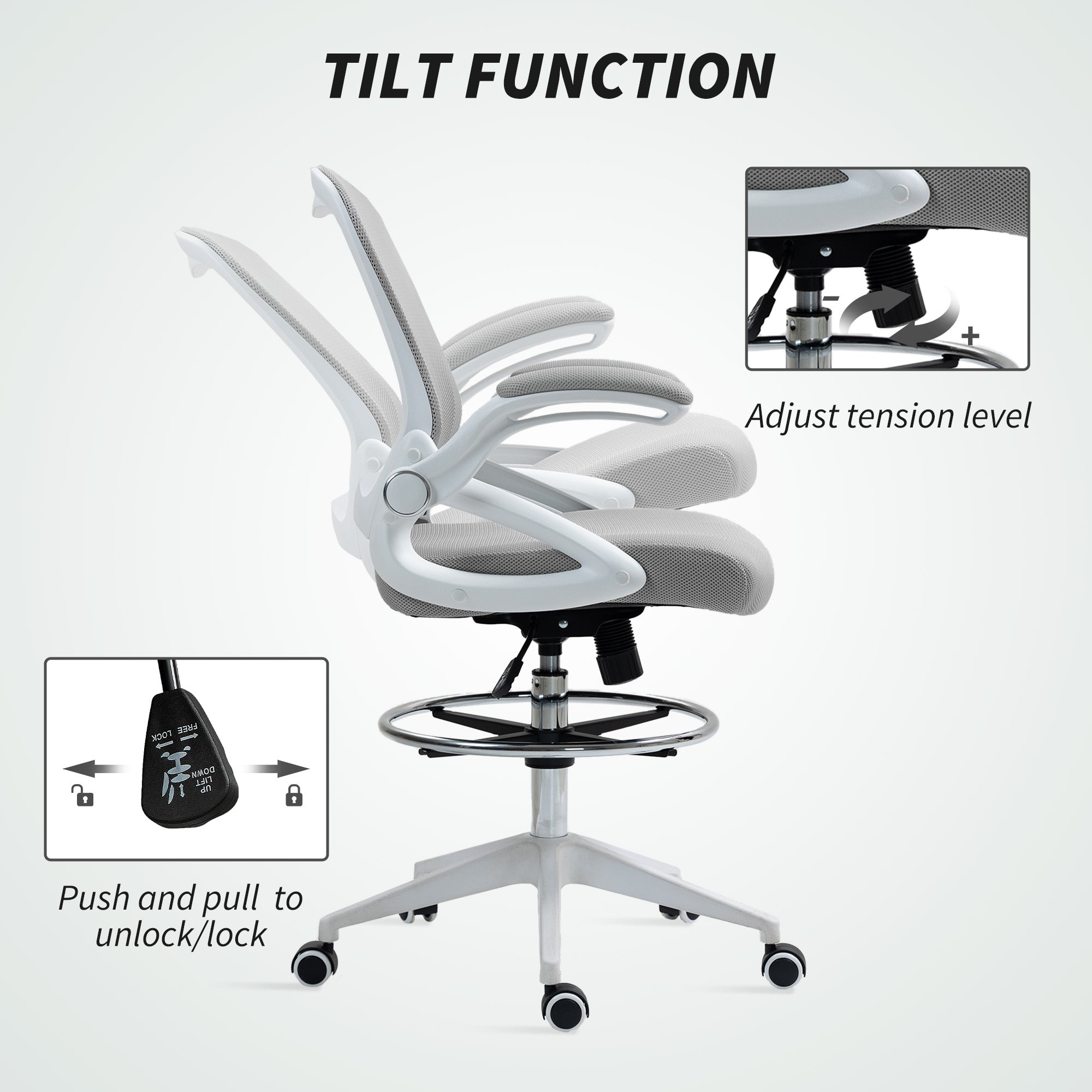 Vinsetto Drafting Chair with Flip-up Armrest, Mesh Office Stool with Foot Ring, 360 Degree Swivel Height Adjustable Chair for Standing Desk, Light Grey