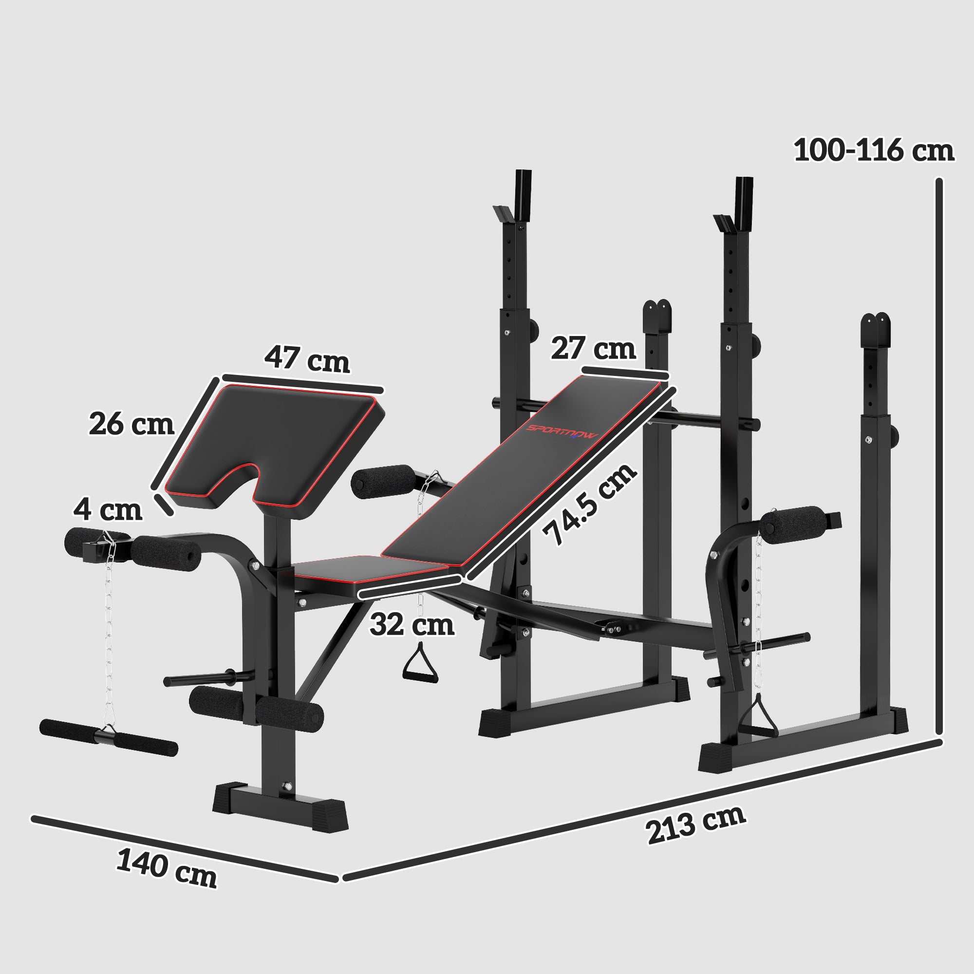 SPORTNOW Weight Bench with Two Barbell Racks, Leg Curl Machine, Preacher Curl Bench, Black