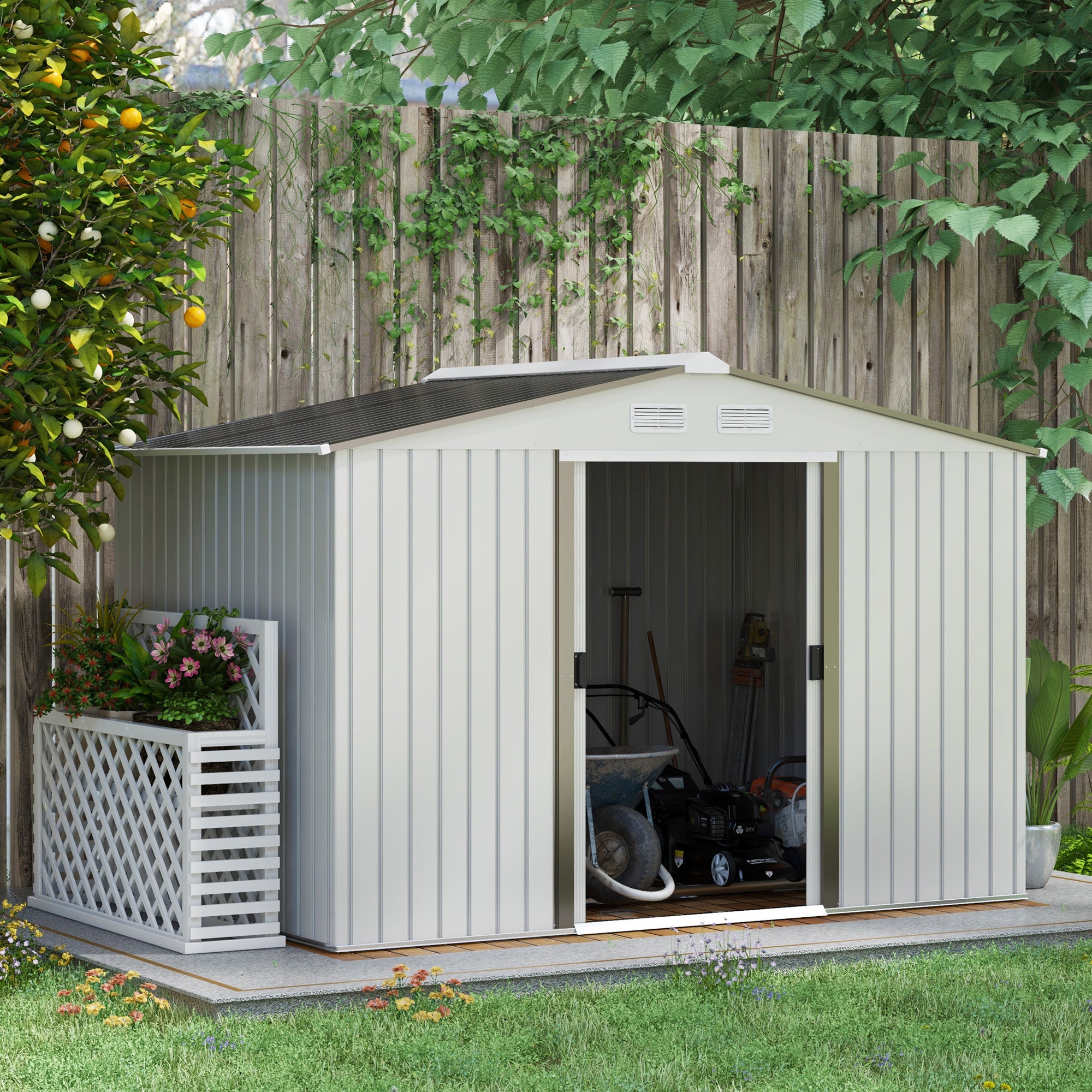 Outsunny Metal Bike Shed, Mobility Scooter Shed House with Foundation Kit, Ventilation, Doors, 9 x 6FT, Silver