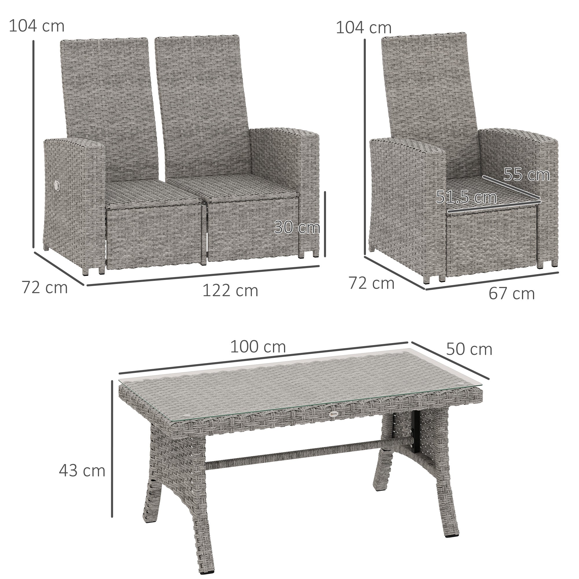 Outsunny 4 Piece Rattan Garden Furniture Set Outdoor Sofa Sectional Set with Glass Top Table for Poolside, Navy Blue