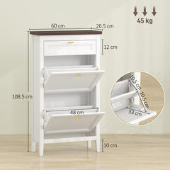 HOMCOM Shoe Cabinet with 2 Flip Drawers, Farmhouse Narrow Shoe Storage Cabinet with Adjustable Shelves, White