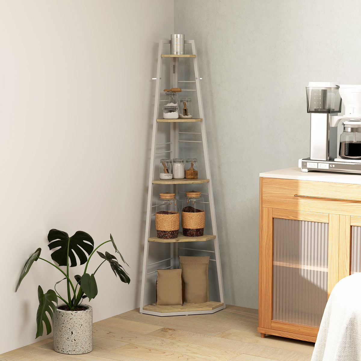 HOMCOM Five-Tier Corner Shelf - White/Wood-Effect