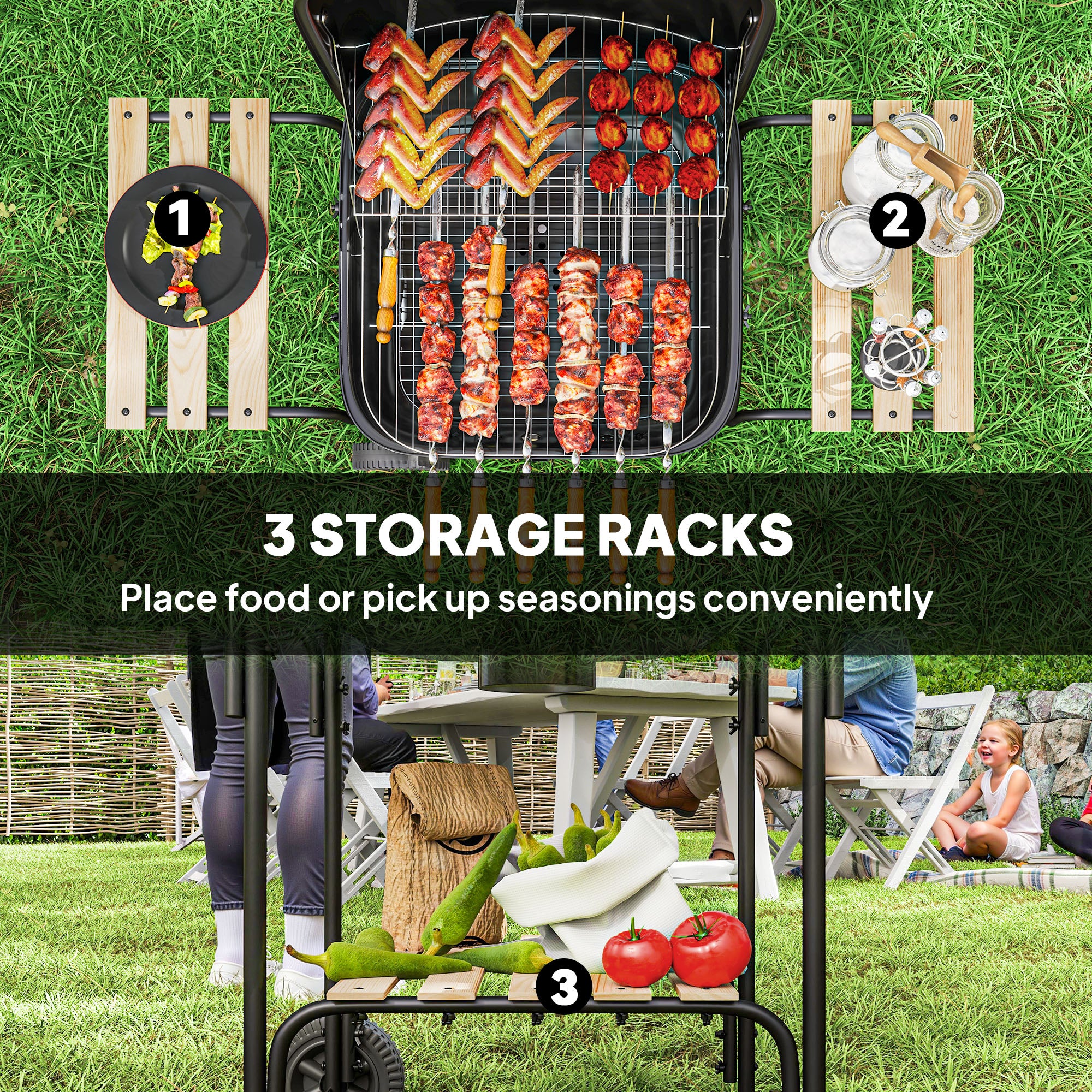 Outsunny Charcoal Barbecue Grill Portable BBQ Grill with 1840 cm√Ç¬≤ Cooking Area, 3 Shelves, Adjustable Vent, Lockable Lid, Wheels for Outdoor Cooking, Garden Party, Black