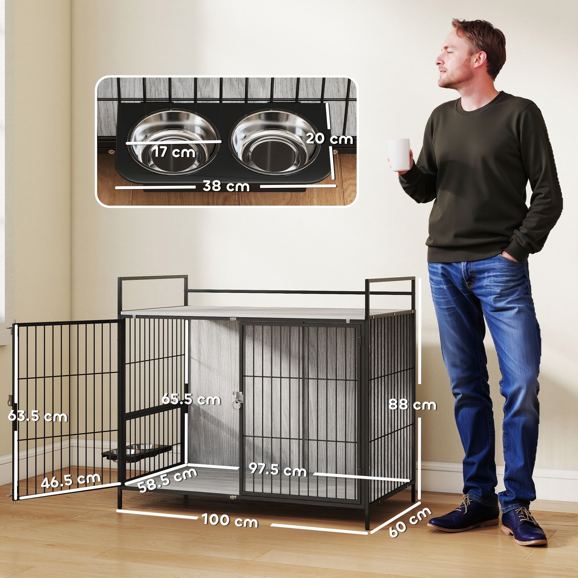 PawHut Large Dog Crate Furniture with Rotating Bowl Holder, 2 Bowls, 2 Doors, for Large Dogs, 100 x 60 x 88 cm, Grey