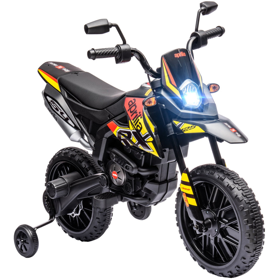 AIYAPLAY 12V Aprilia Licensed Kids Motorbike with Training Wheels in yellow and black with LED light