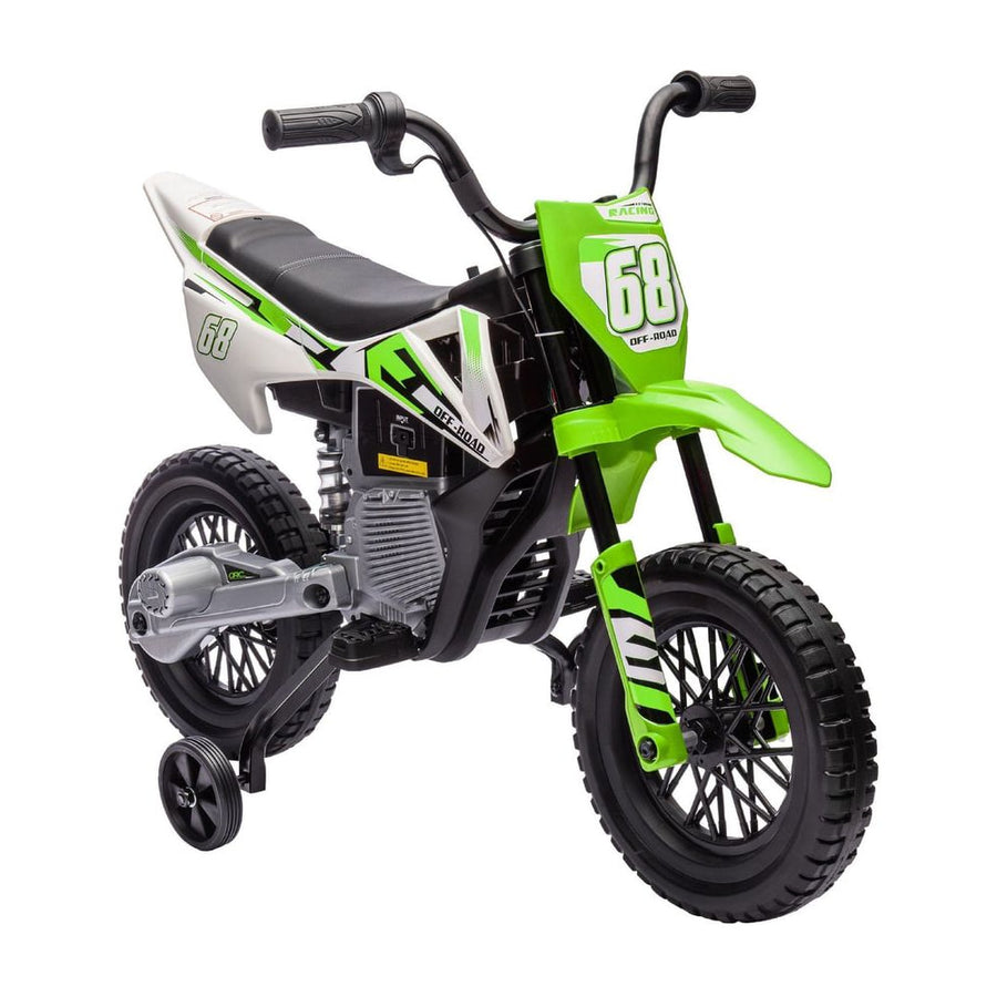 AIYAPLAY 12V Kids Electric Motorbike in green and white with training wheels on a white background