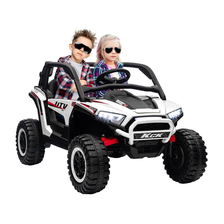 AIYAPLAY 2 Seater 24V 7AH Ride on Truck, a white electric ride on car with two children sitting inside