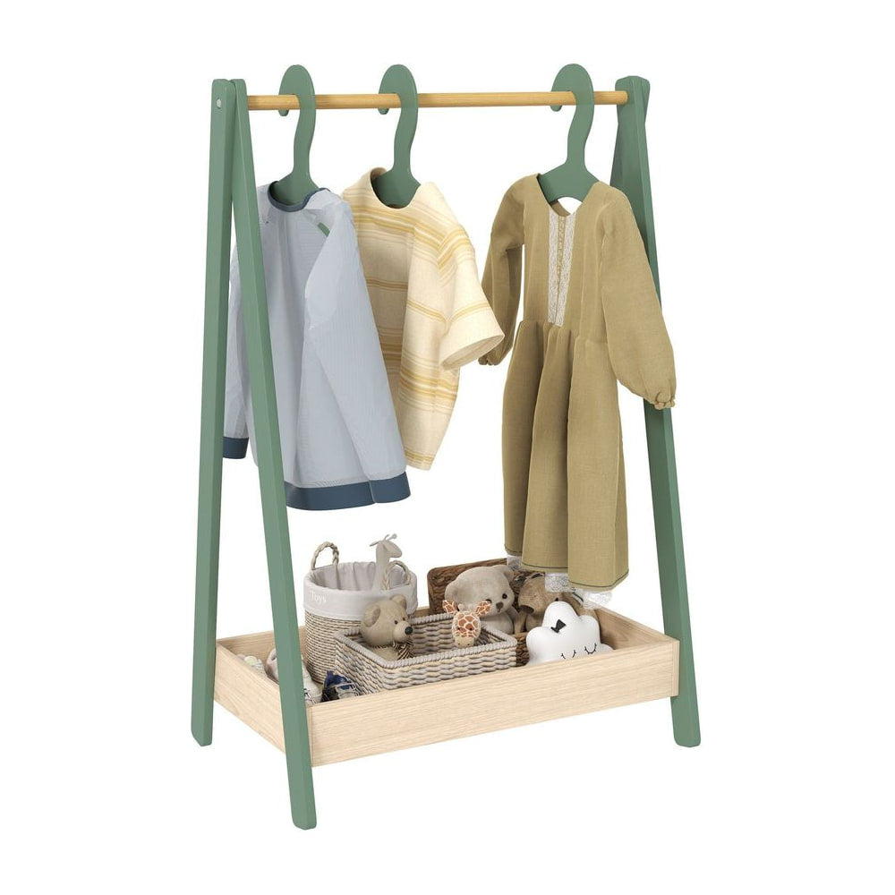 AIYAPLAY Kids Clothes Rail with 3Hangers, a green wooden A-frame with a hanging rail and a storage shelf below