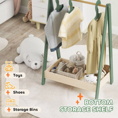 The bottom storage shelf of the kids clothes rail filled with toys and shoes