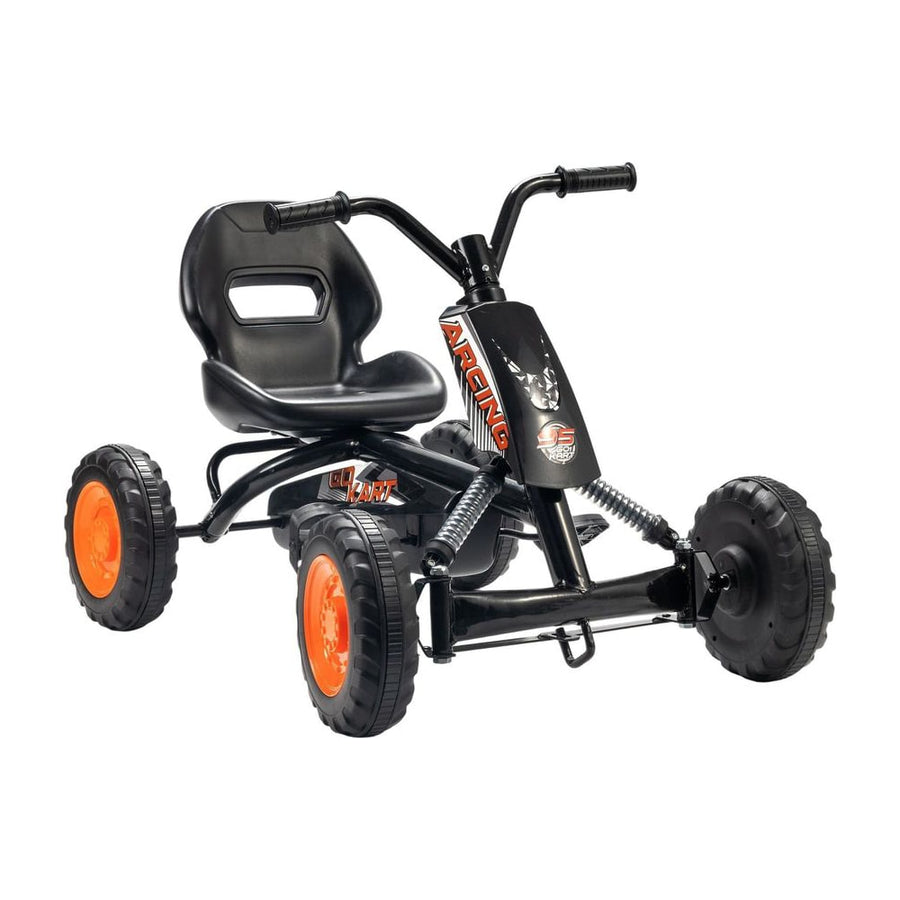 AIYAPLAY Kids Pedal Go Kart with Steel Frame in black with orange wheels on a white background