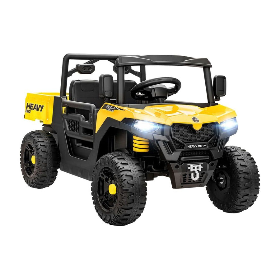 AIYAPLAY Kids Ride on Car, a yellow electric UTV with a black roll cage and large wheels