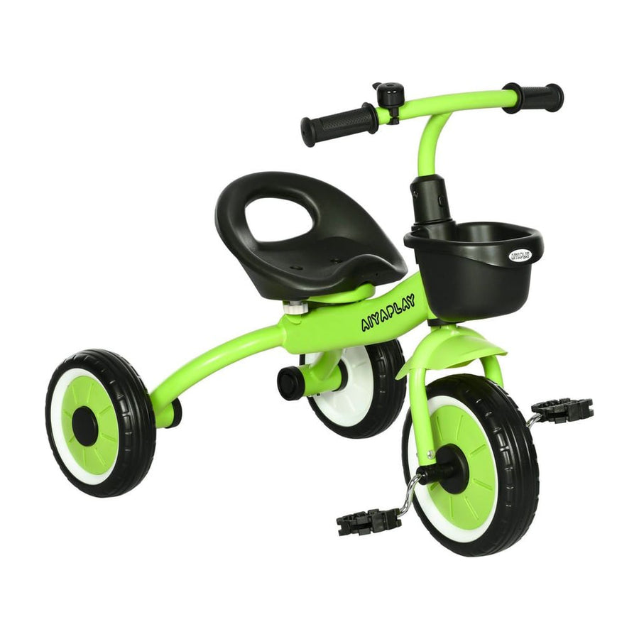 AIYAPLAY Kids Trike in bright green with a black seat, front basket, and bell on a white background