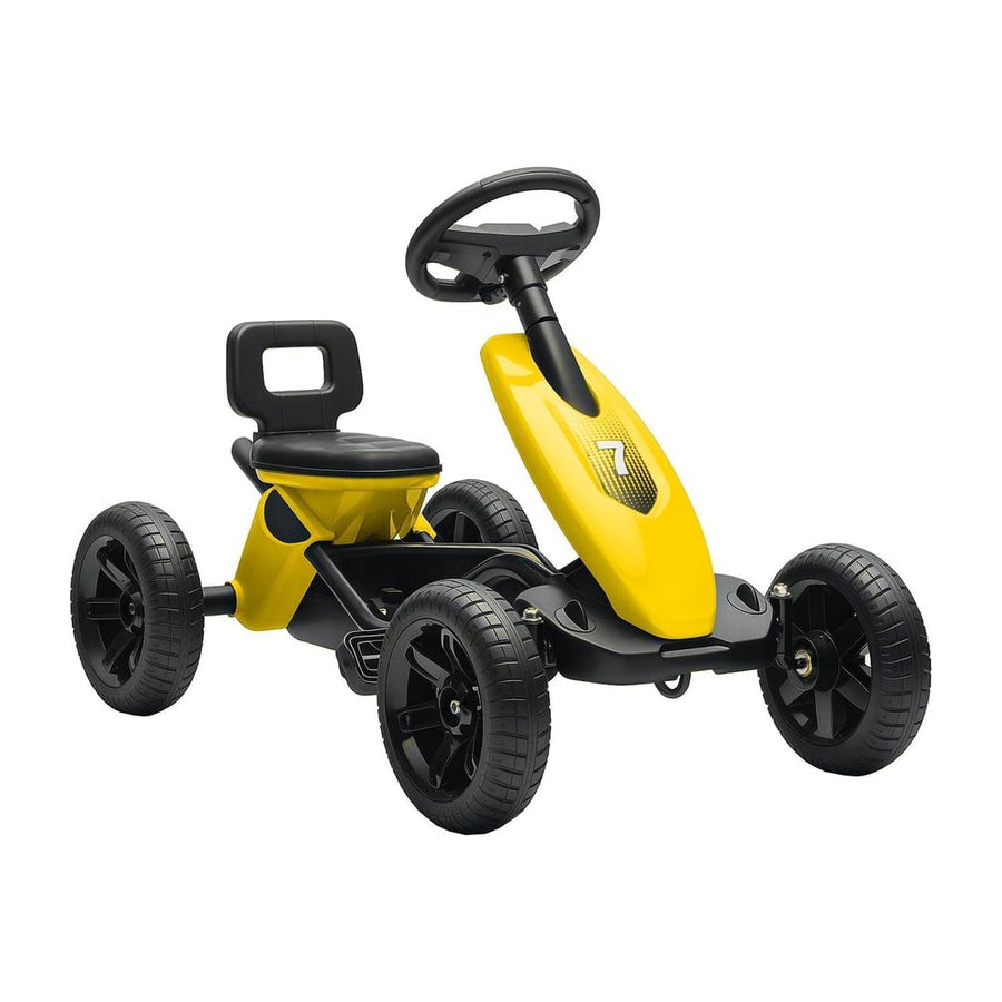 AIYAPLAY Pedal Go Kart for Kids 2-5 Years, a yellow ride-on car with black wheels and steering wheel