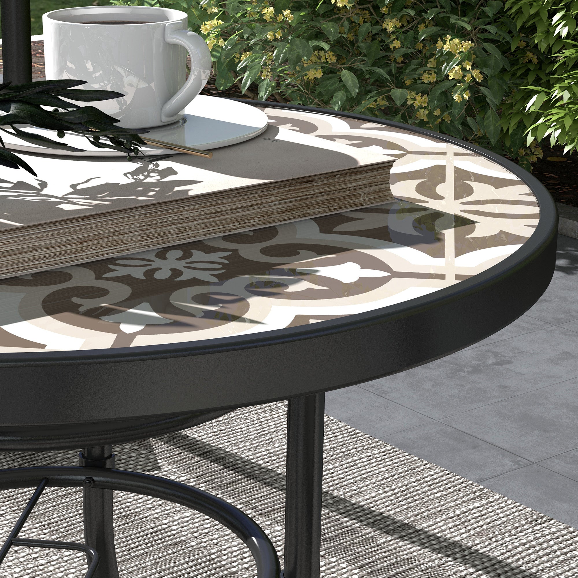 Outsunny 60 Garden Table, with Glass Printed Tabletop - Brown