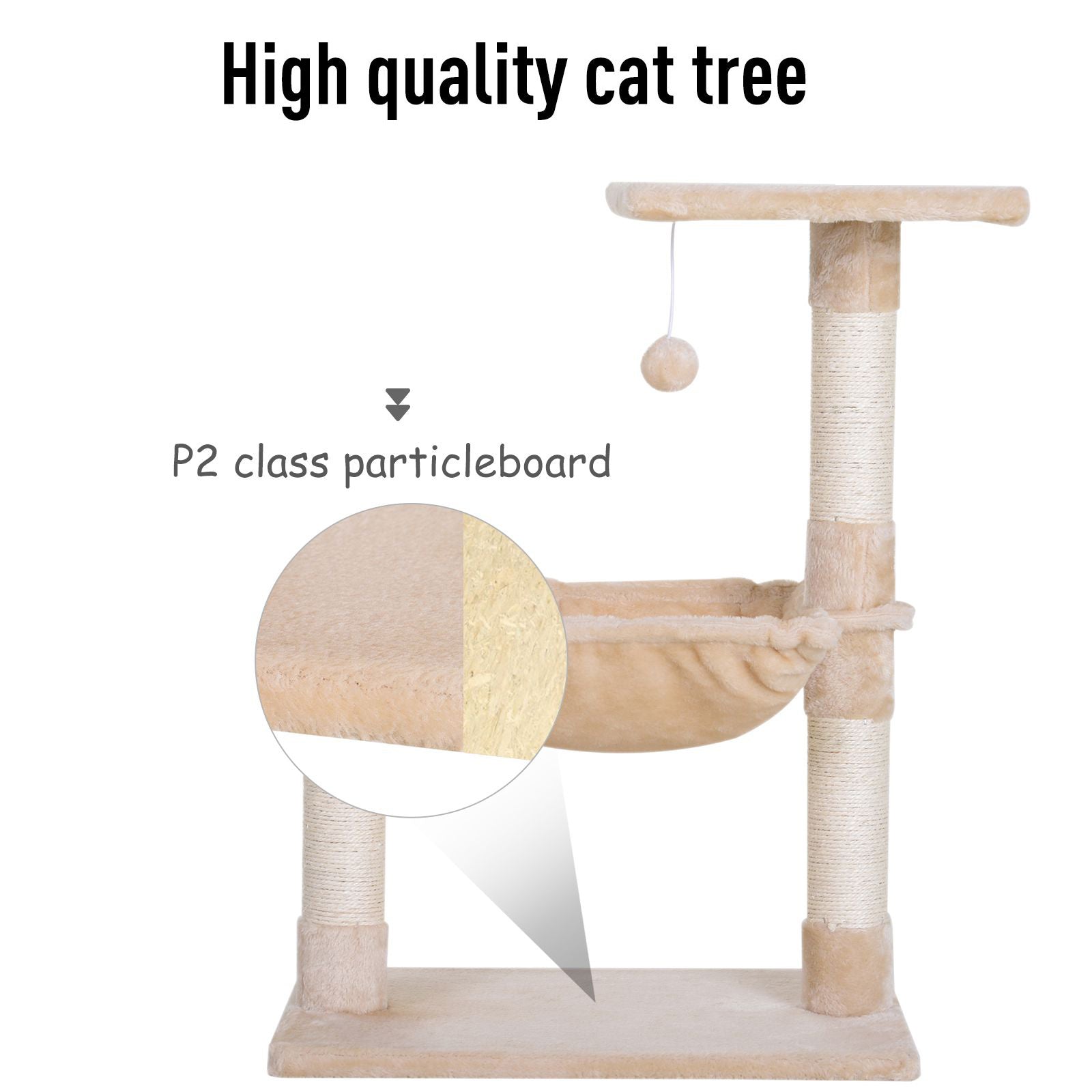 PawHut Cat Scratch Post with Bed Cat Tree for Indoor Cats Sisal Scratching Posts Hammock Kitty Activity Centre Beige