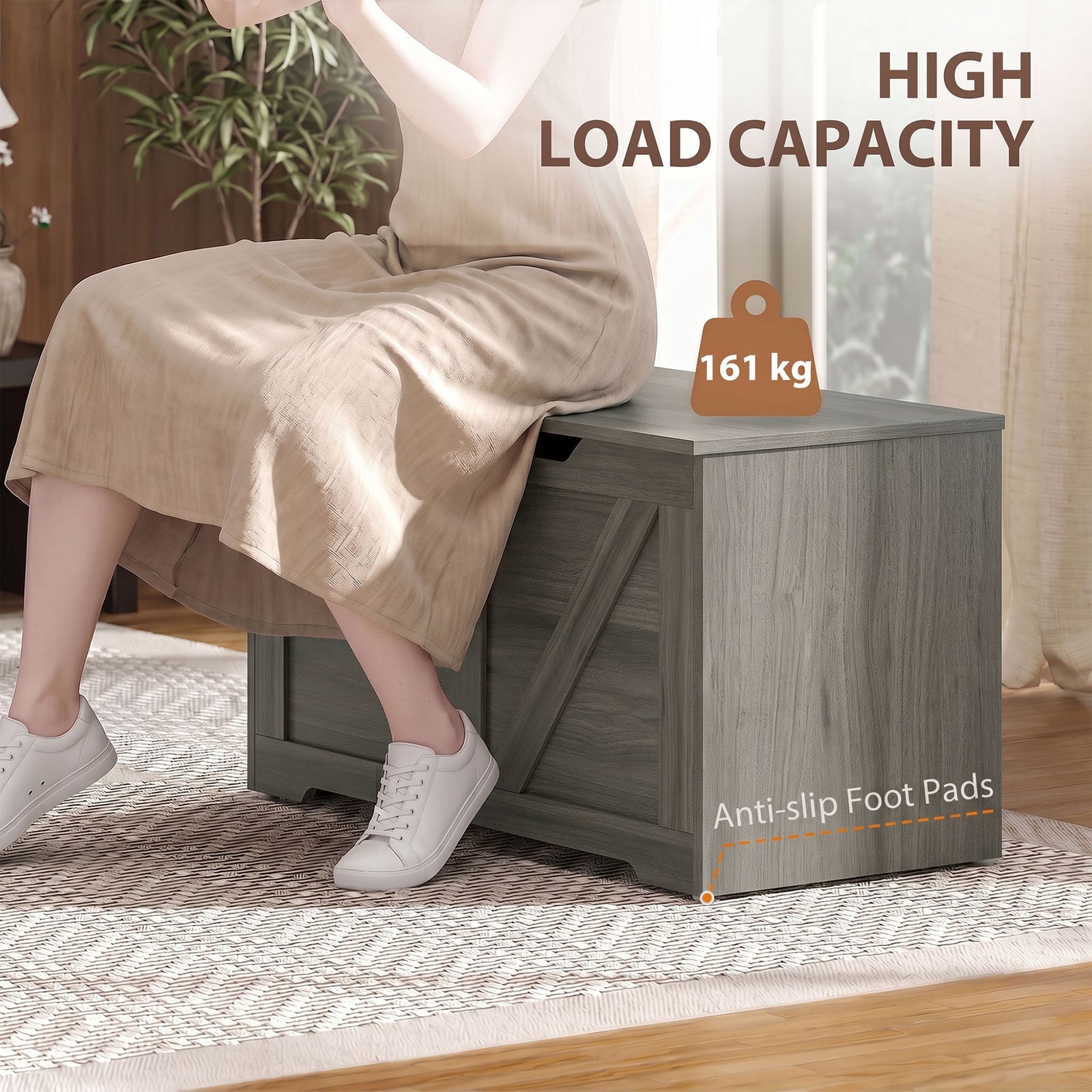 HOMCOM 100L Home Storage Box, with Safety Hinge - Dark Grey Wood-Effect