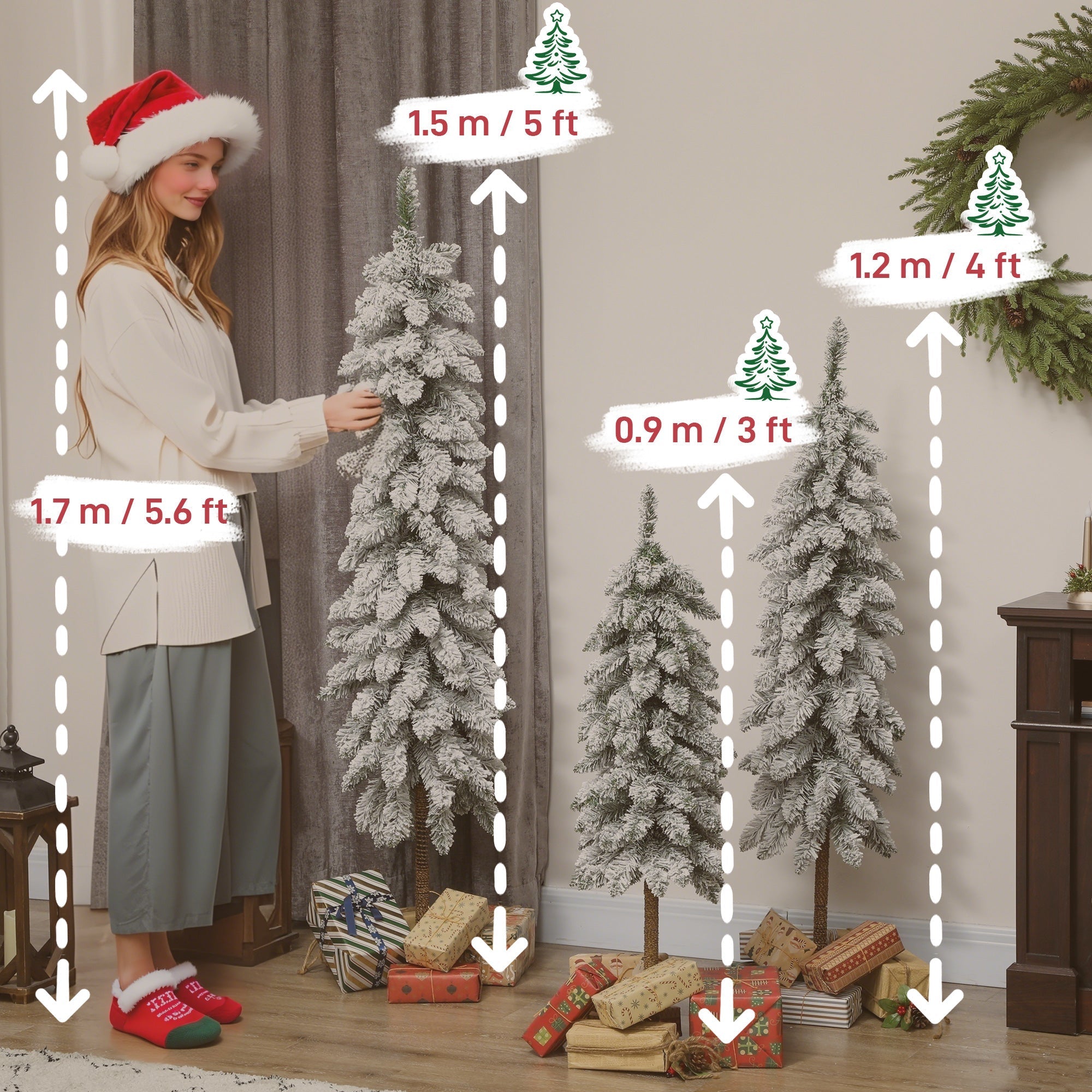HOMCOM Set of 3 Pencil Flocked Christmas Tree, 3ft 4ft 5ft
