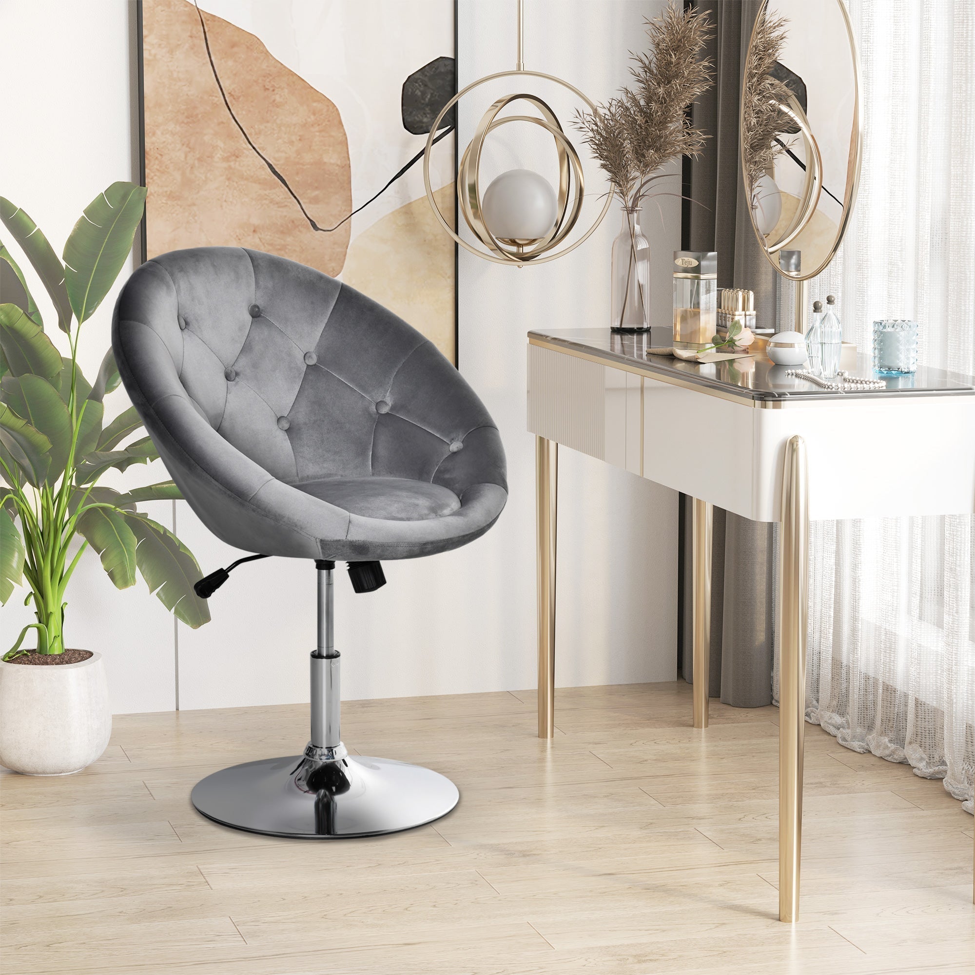 HOMCOM Swivel Dressing Stool, Velvet-feel Upholstered Vanity Chair, Adjustable Height Tub Makeup Chair with Button Tufting and Thick Padding for Bedroom, Grey