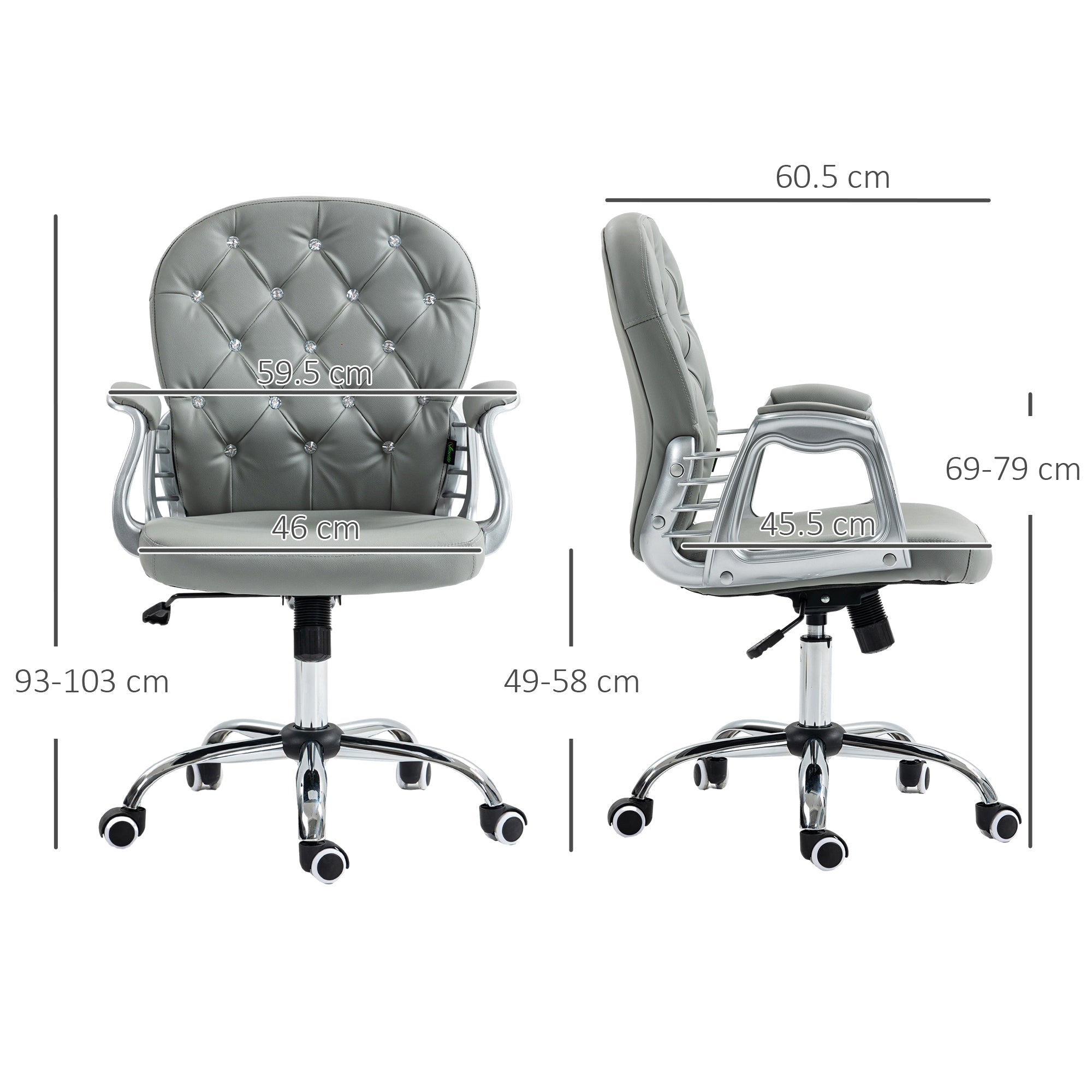 Vinsetto Office Chair Ergonomic 360  Swivel PU Diamante Padded Base 5 Castor Wheels for Home Work Grey
