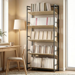 HOMCOM Bookshelf 5-Tier Metal Frame Room Divider Bookcase Storage Shelves for Living Room Oak