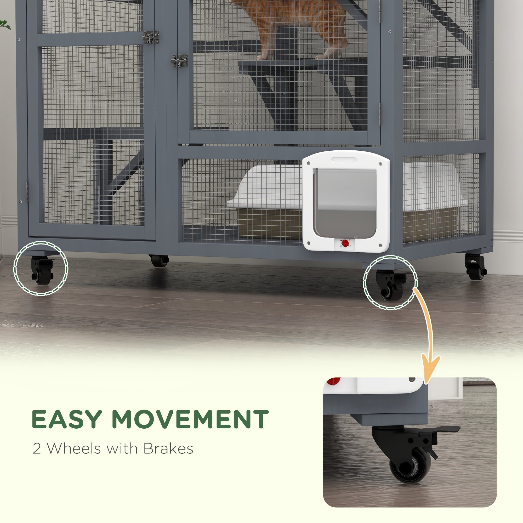 PawHut Cat House, Wooden Indoor Catio Cat Enclosure on Wheels, Wooden Kitty Cage with Platforms, Hammock, Light Grey