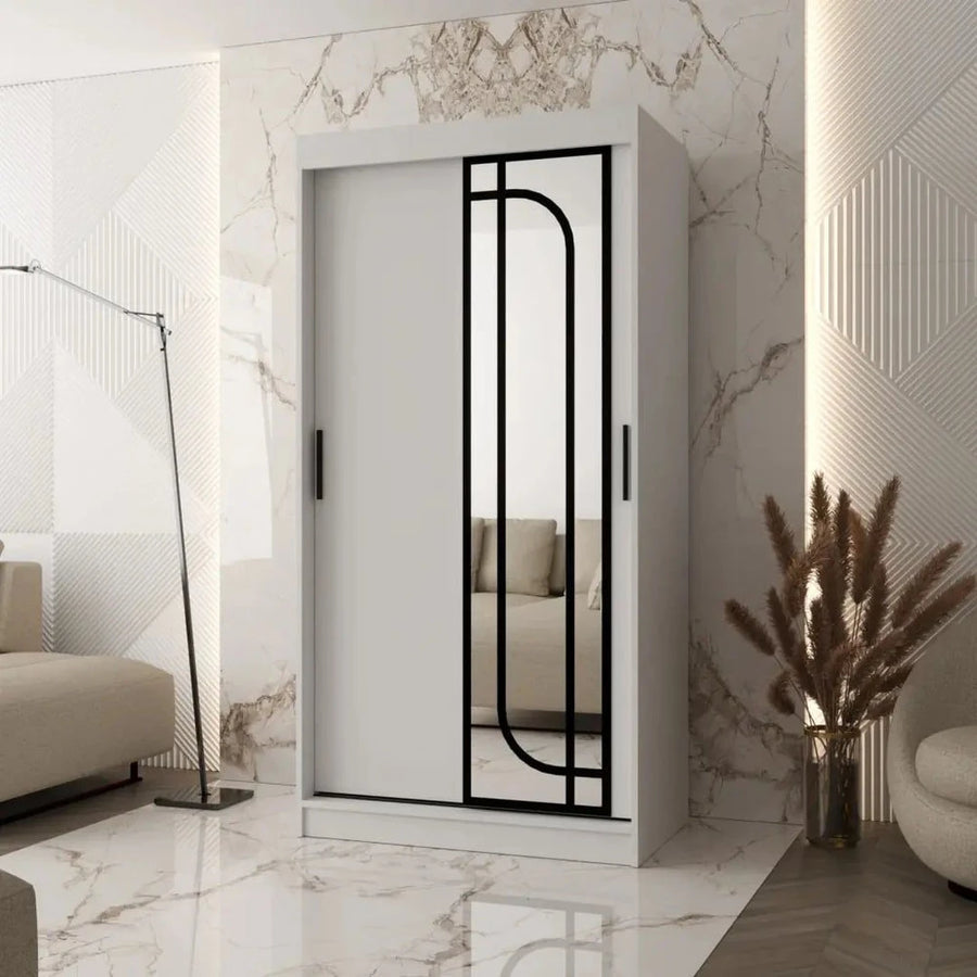 Alabama Sliding Door Wardrobe 100cm with a mirrored door and black trim