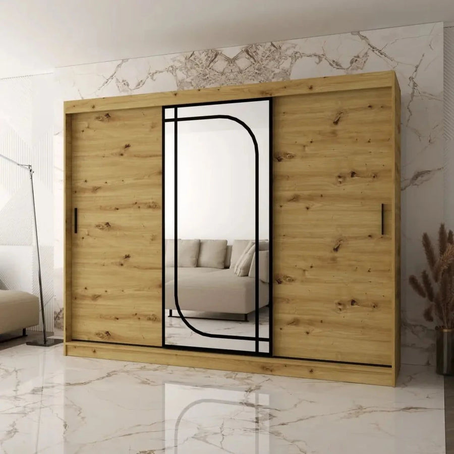 Alabama Sliding Door Wardrobe 250cm with oak finish and a central mirror with black frame
