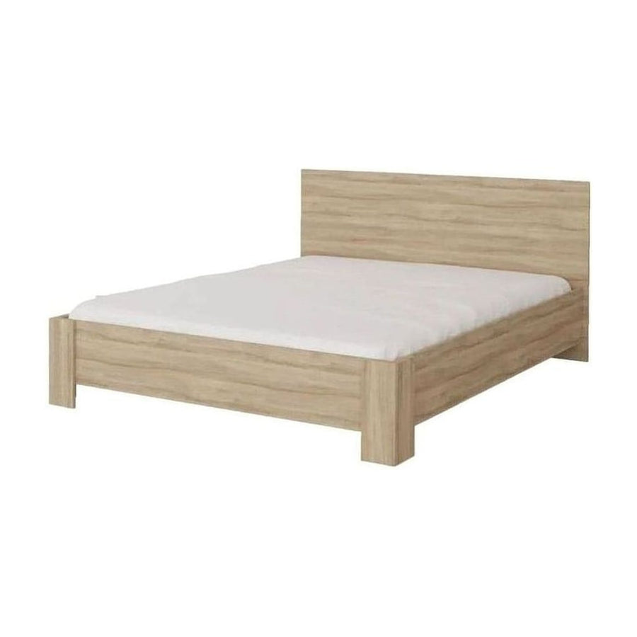 Wooden bed frame with white mattress on a white background