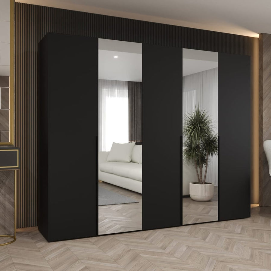 Alicante II Hinged Door Wardrobe 250cm in black with mirrored doors in a bedroom setting