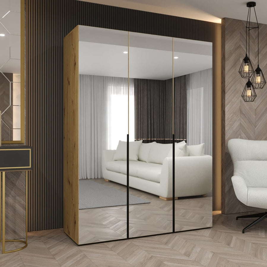 Alicante III Hinged Door Wardrobe 150cm with oak frame and mirrored doors in a modern living room
