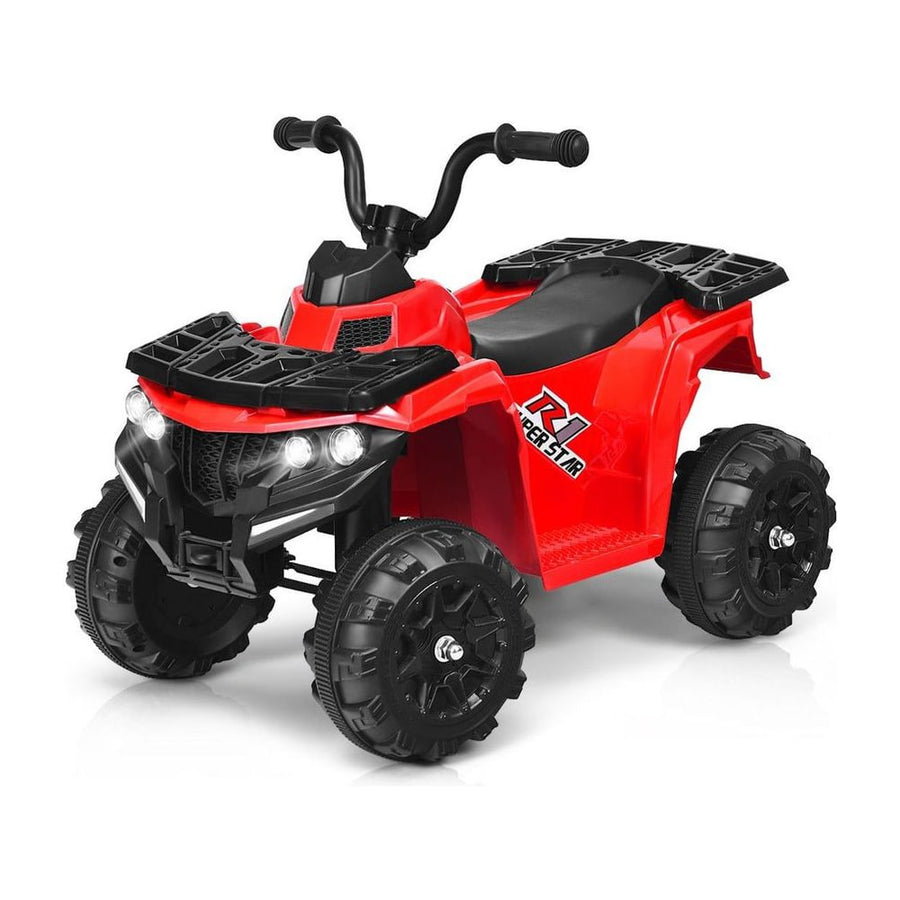 All Terrain Electric Quad Bike for Kids with MP3 and USB-Red, a red ride-on toy with black wheels and handlebars