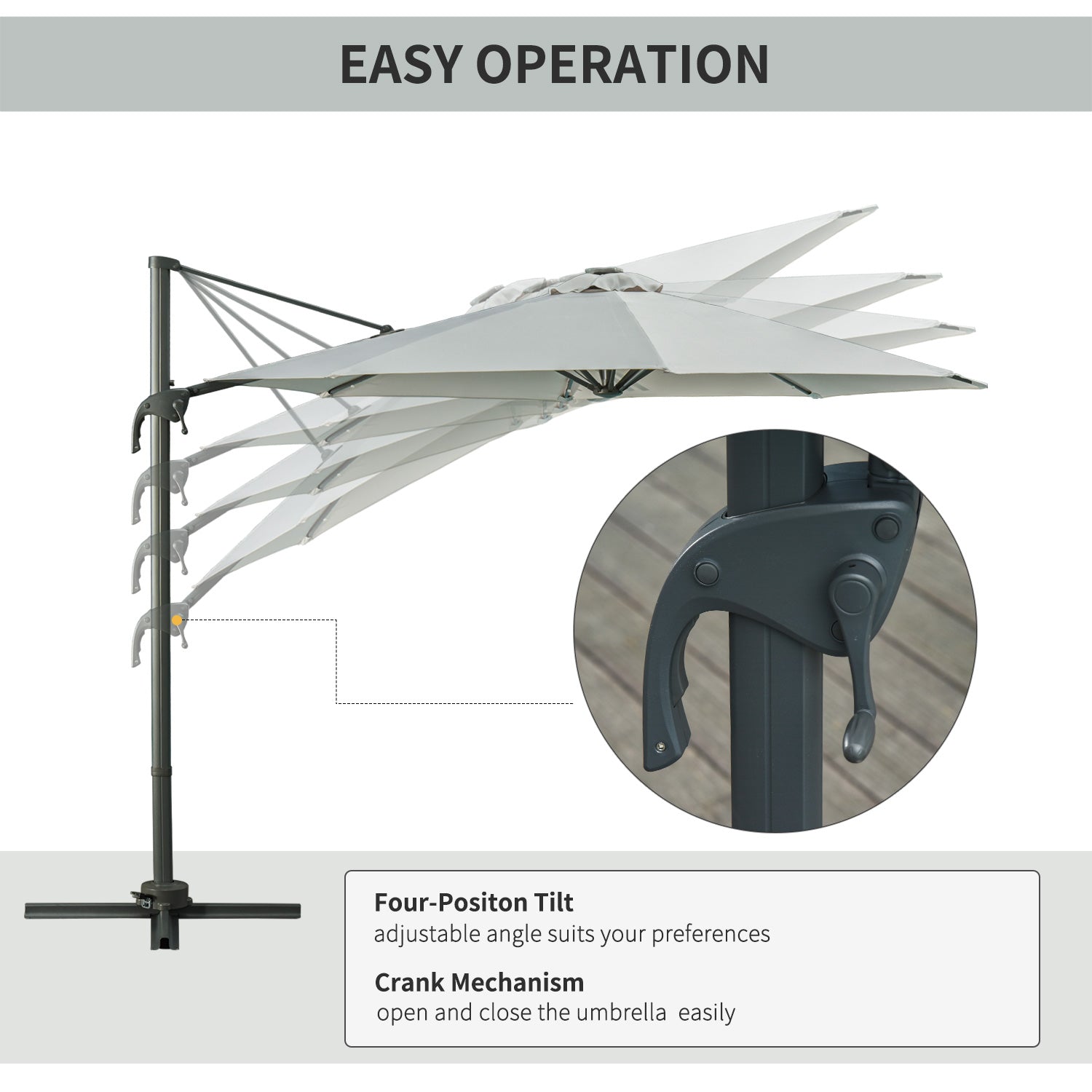 Outsunny 3(m) LED Cantilever Parasol Garden Sun Umbrella w/ Cross Base and Solar Lights Grey