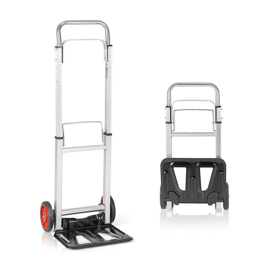 Aluminium Sack Truck Barrow shown in both its extended and folded positions for easy storage