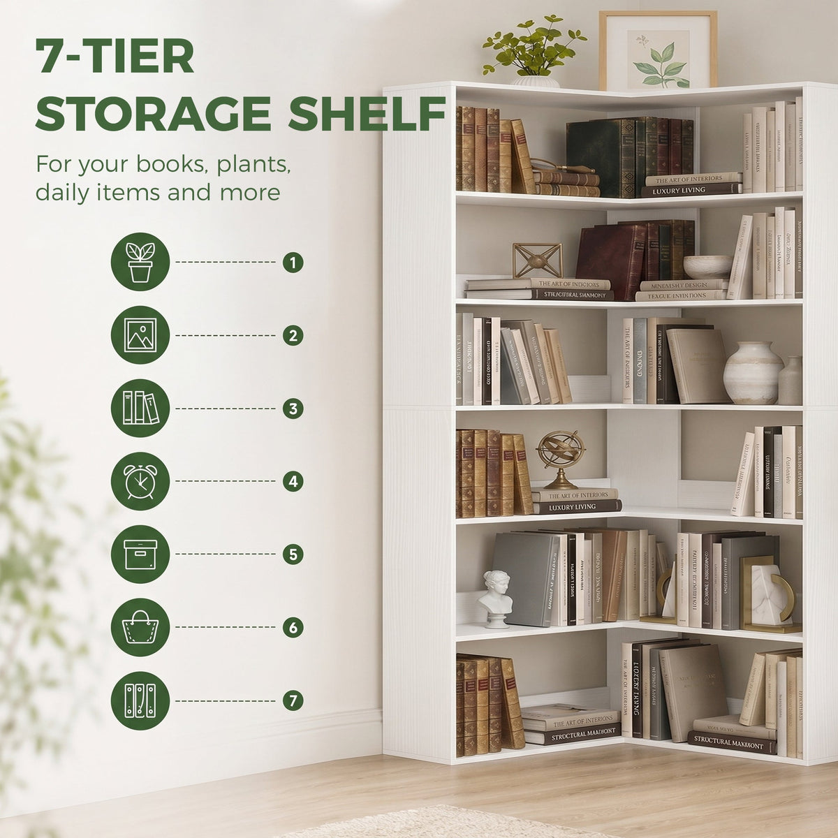 HOMCOM 7 Tiers Bookshelf, L-Shaped Corner Bookcase with Anti-Slip Rear Guard, White Wood Effect