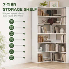 HOMCOM 7 Tiers Bookshelf, L-Shaped Corner Bookcase with Anti-Slip Rear Guard, White Wood Effect