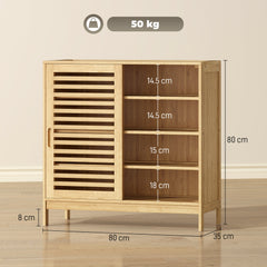 HOMCOM Bamboo Shoe Cabinet with 2 Sliding Slat Doors, 16Pairs, Adjustable Shelves, Natural