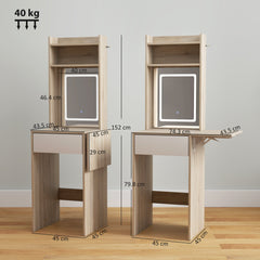 HOMCOM Small Vanity Desk with Mirror and LED Lights, Compact Dressing Table with Drop Leaf, Open Shelves, Natural Wood