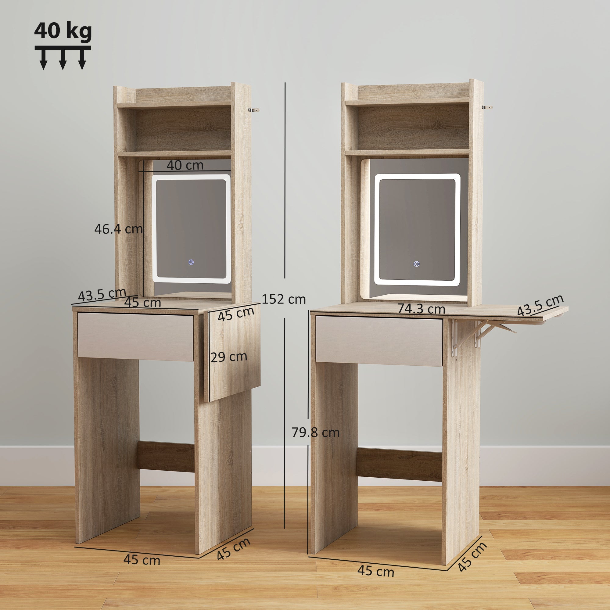 HOMCOM Small Vanity Desk with Mirror and LED Lights, Compact Dressing Table with Drop Leaf, Open Shelves, Natural Wood