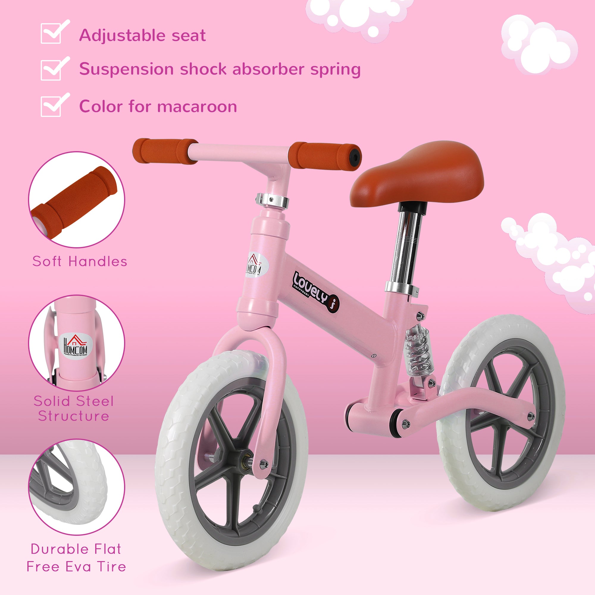 HOMCOM 12" Kids Balance Bike No Pedal Bicycle EVA Tire Adjustable Seat Toddler Training Bike W/ Shock Absorber 2 - 5 Years Gift for Boys Girls Pink
