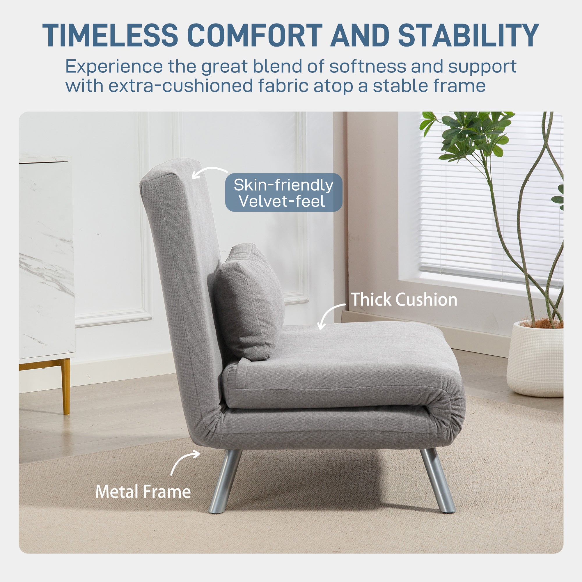 HOMCOM Single Velvet-Feel Chair Bed - Grey