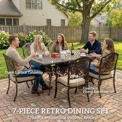 Outsunny Garden Dining Set for 6, Cast Aluminium Outdoor Table and Chairs Set with Cushions, Parasol Hole for Patio, Bronze Tone