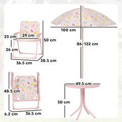 AIYAPLAY 4-Piece Kids Garden Table and Chair Set with Adjustable Parasol, Folding Chairs, Table, Rainbow Pattern, Pink