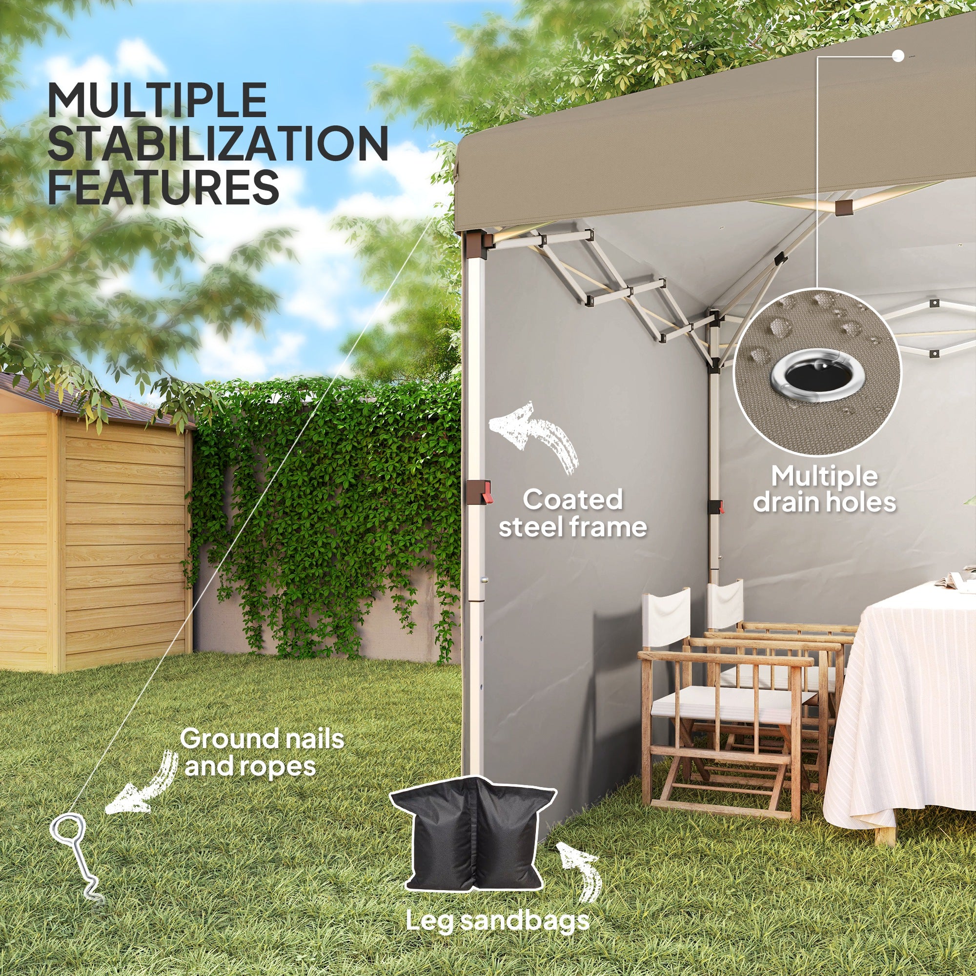 Outsunny 3 x 3 (M) Pop Up Gazebo, UPF 30+ with 2 Sidewalls, Leg Weight Bags and Wheeled Bag, Height Adjustable Party Tent Event Shelter for Garden, Patio, Khaki