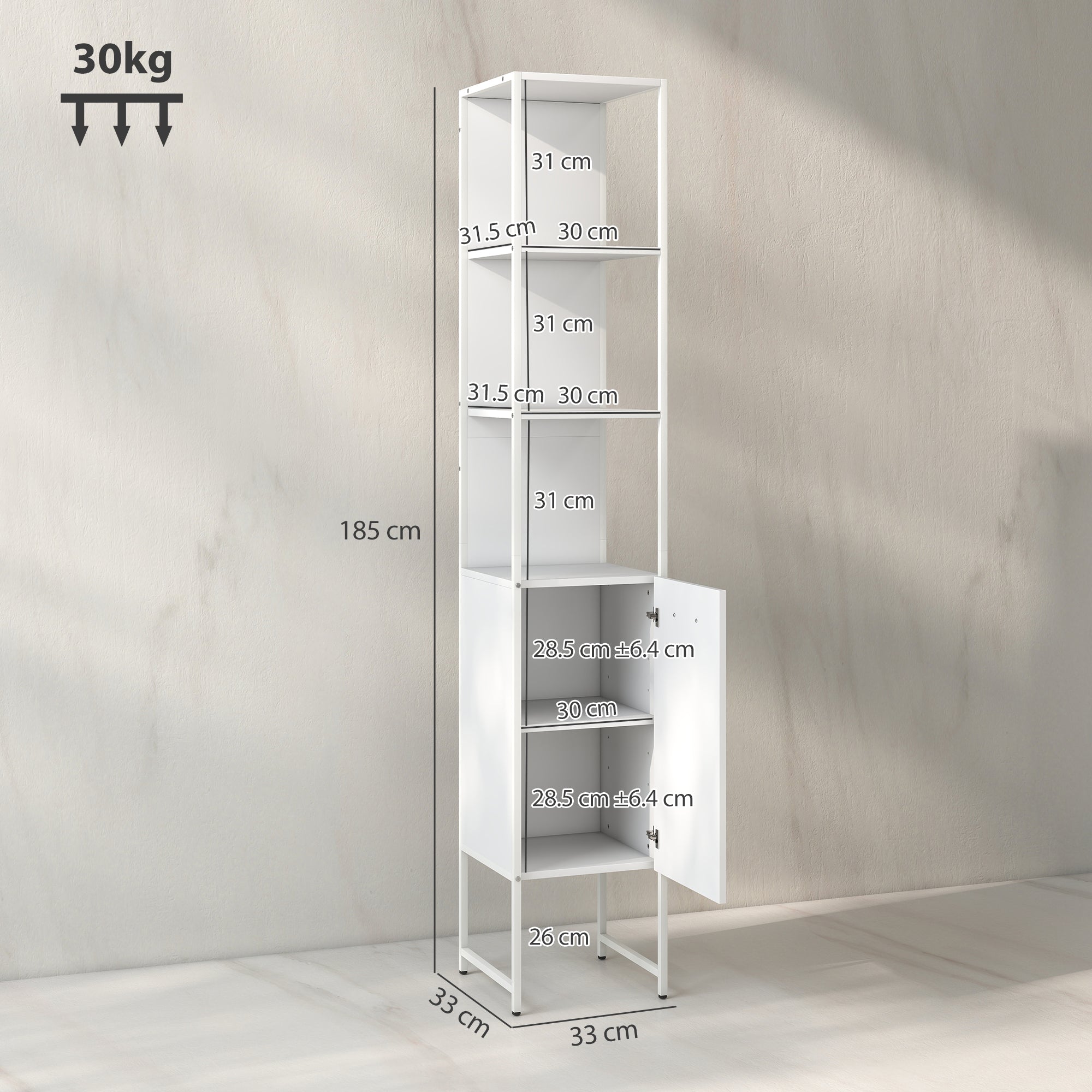 HOMCOM Tall Bathroom Cabinet with Open Shelves and Adjustable Shelf - White