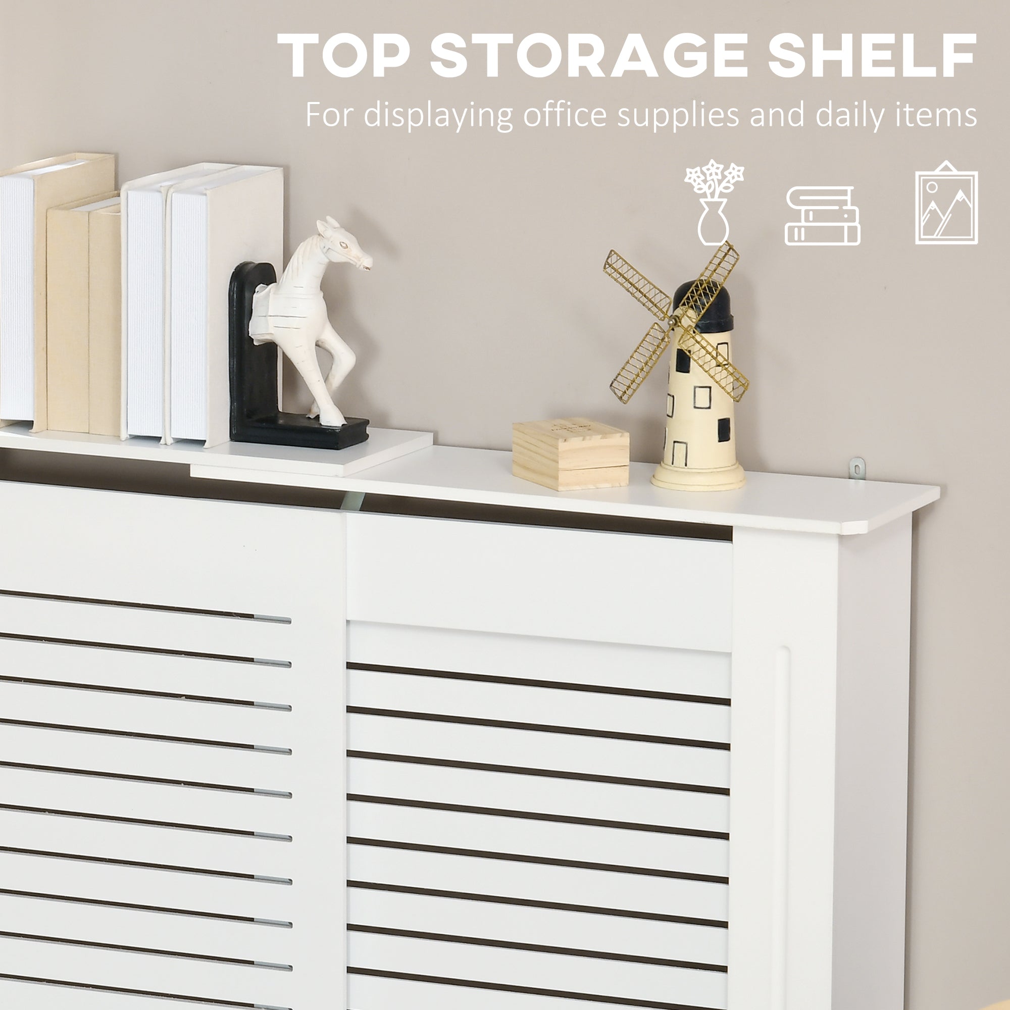 HOMCOM Set of 2 MDF Extendable Radiator Cover with Cabinet Shelving, Home Office Slatted Design, White 139-208.5L x 20.5W x 82.5H cm