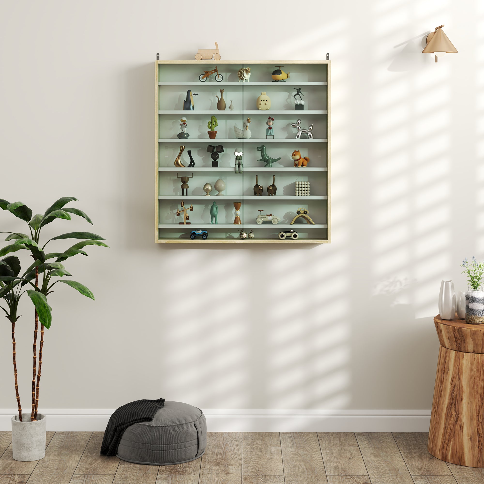 HOMCOM 7-Tier Wall Display Shelf Unit Cabinet w/ 6 Adjustable Shelves Glass Doors Home Office Ornaments 83x80cm, Oak